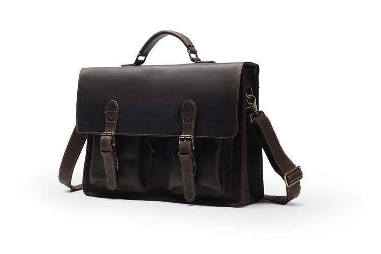 Dark brown cowhide leather computer bag with crossbody strap and anti-theft features