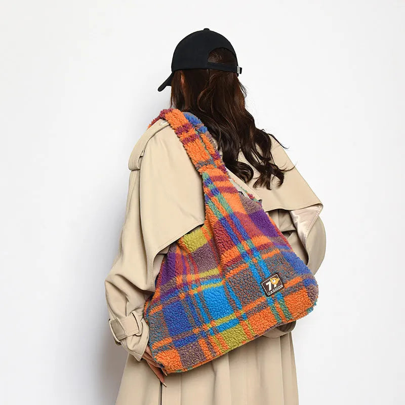 Women's plaid crossbody tote bag in army green with 40x44x9cm dimensions and zipper changing bag
