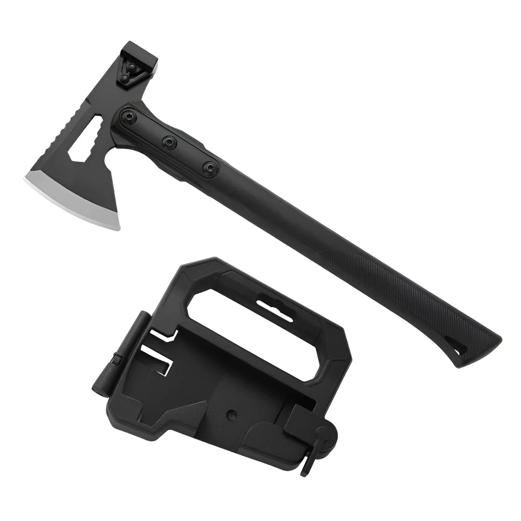 Multi-functional stainless steel survival axe with ABS plastic handle measuring 40 cm long
