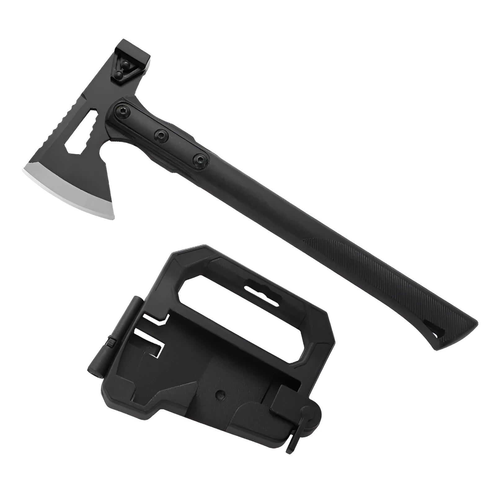 Multi-functional stainless steel survival axe with ABS plastic handle measuring 40 cm long