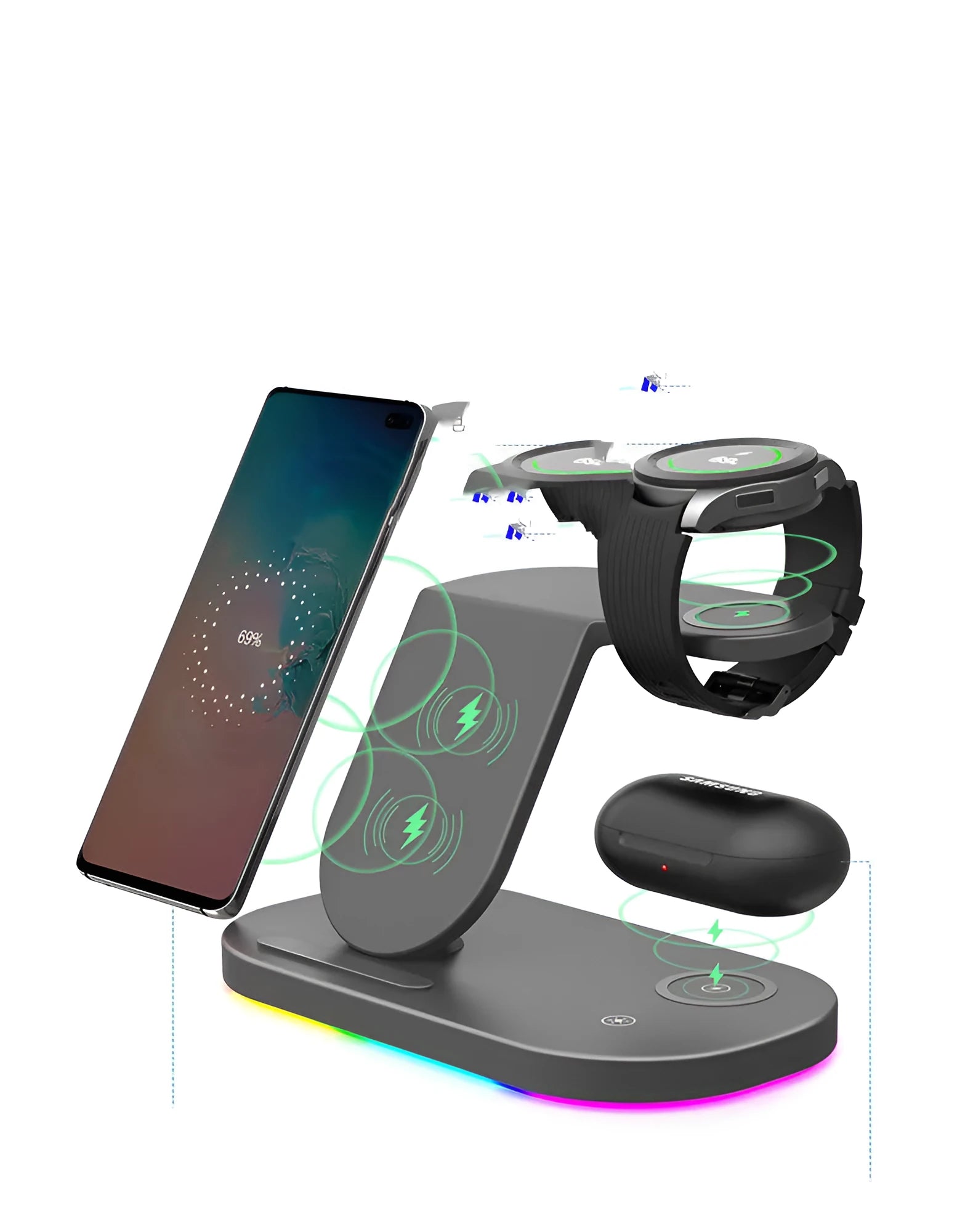 15W three-in-one wireless charger for mobile phones and watches in black and white colours