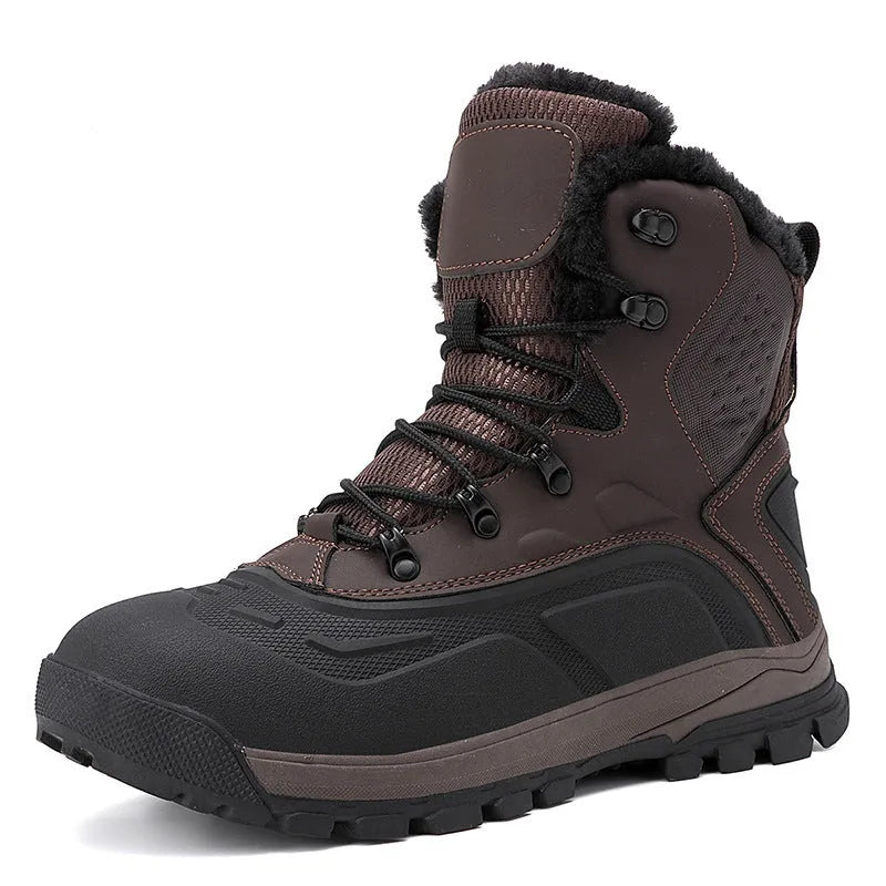 Black high-top men's boots with fleece lining, TPR ribbed sole, and lace-up front in size 42