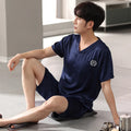 Men's ice silk pajama set with short sleeve shirt and loose fit shorts in multiple colour options