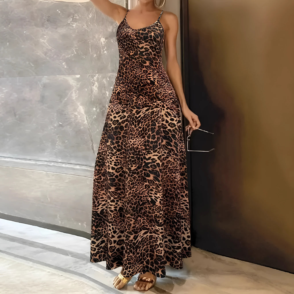 Dark brown leopard print sleeveless dress with adjustable shoulder straps and mid-waist hip skirt design