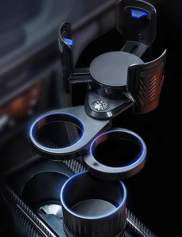 Black adjustable car cup holder with retractable base showing 6.5-10cm diameter range