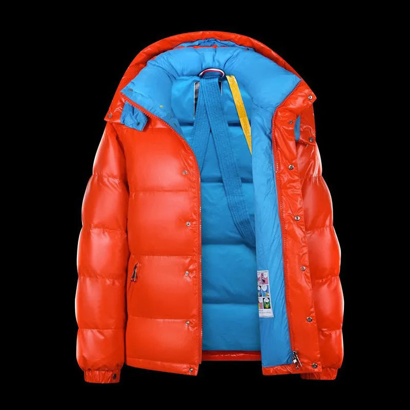 Men's white duck down warm jacket with polyester shell in black green, black, blue or orange, sizes S to 3XL