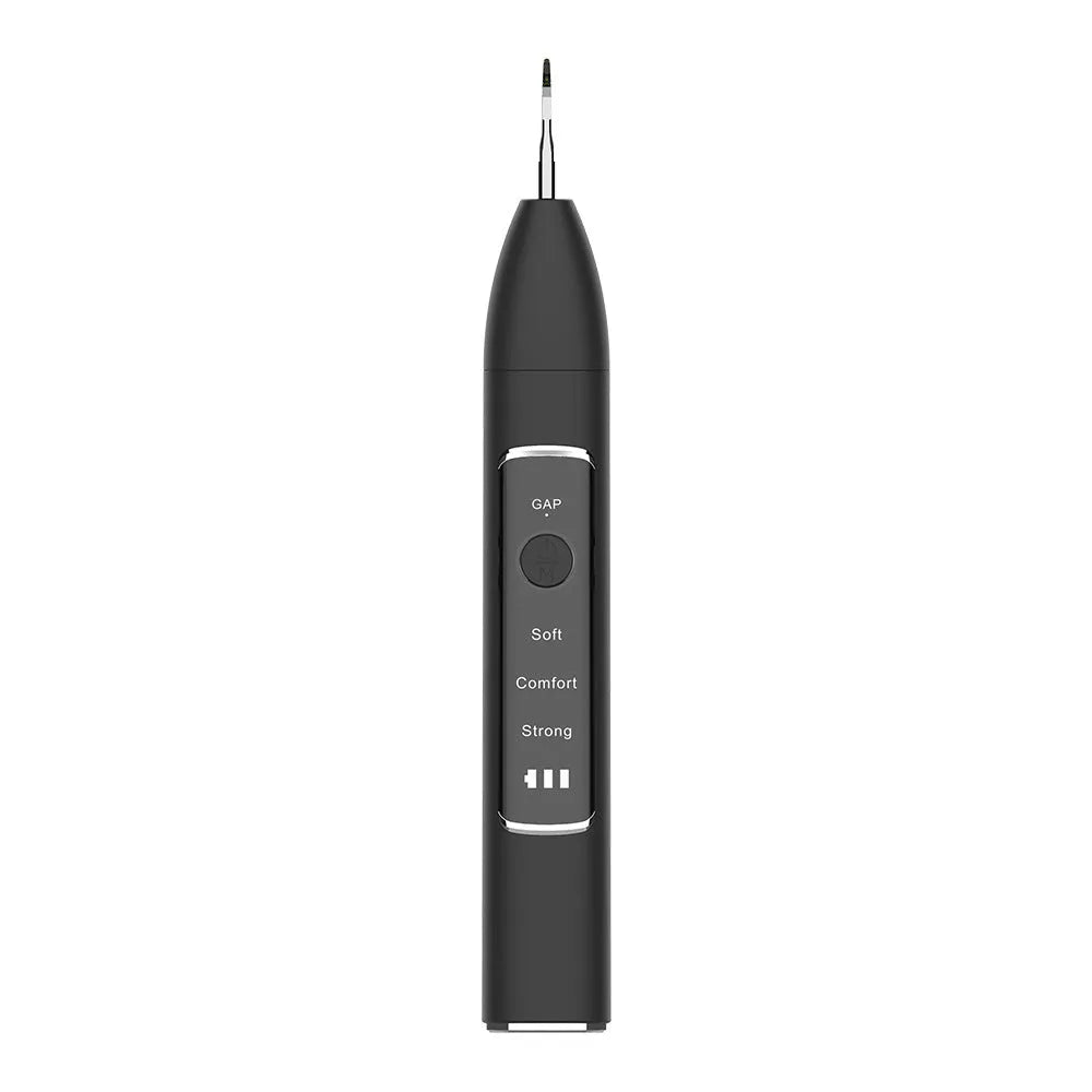 Ultrasonic dental cleaner with visual display, 30KHZ tracking, three cleaning modes, and 500mAh rechargeable battery.