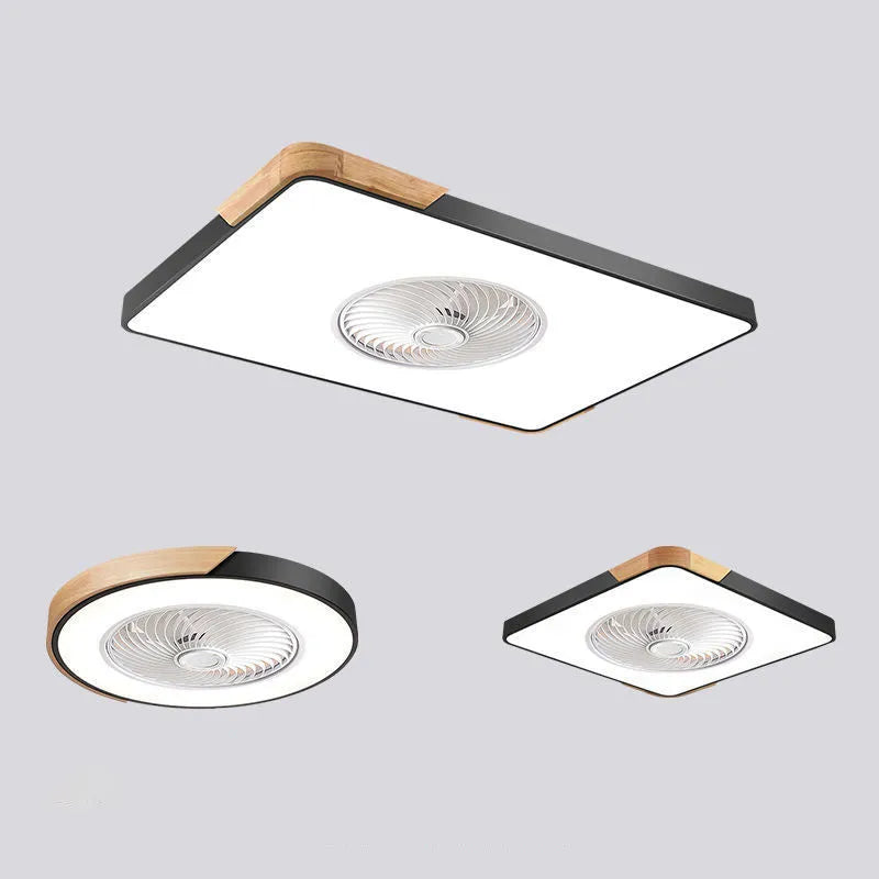 Nordic style ceiling fan with integrated light fixture in a solid wood housing, shown in rectangular, round, and square size options.