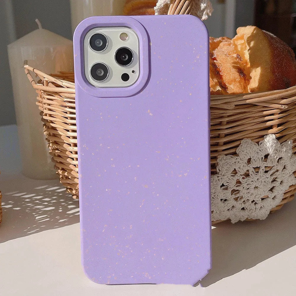 Biodegradable wheat straw fibre iPhone case showing rear protection and precise cutouts for cameras and ports