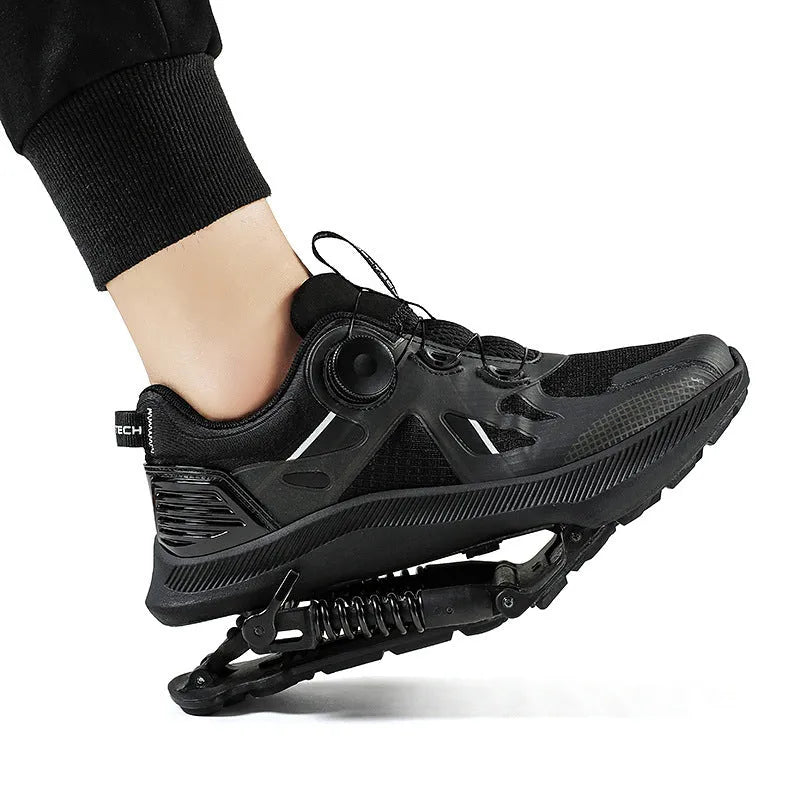 Black tech running shoes with mesh upper, leather stitching, buckle fastening, and a rubber EVA sole.