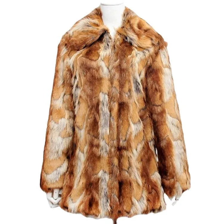 Women's tiger pattern artificial fur jacket with 65cm medium length and street fashion styling