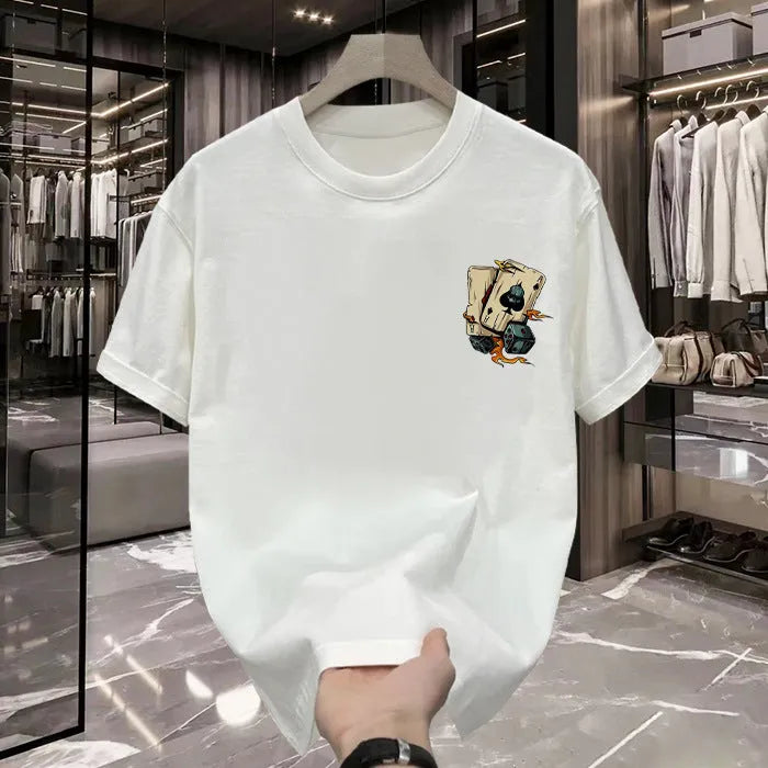 Men's black and white heavy cotton short-sleeved printed T-shirt on a hanger