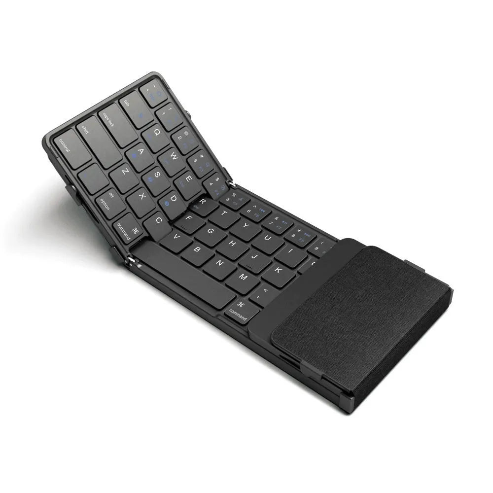 Black folding Bluetooth keyboard for tablets showing touchpad variant with compact folded dimensions