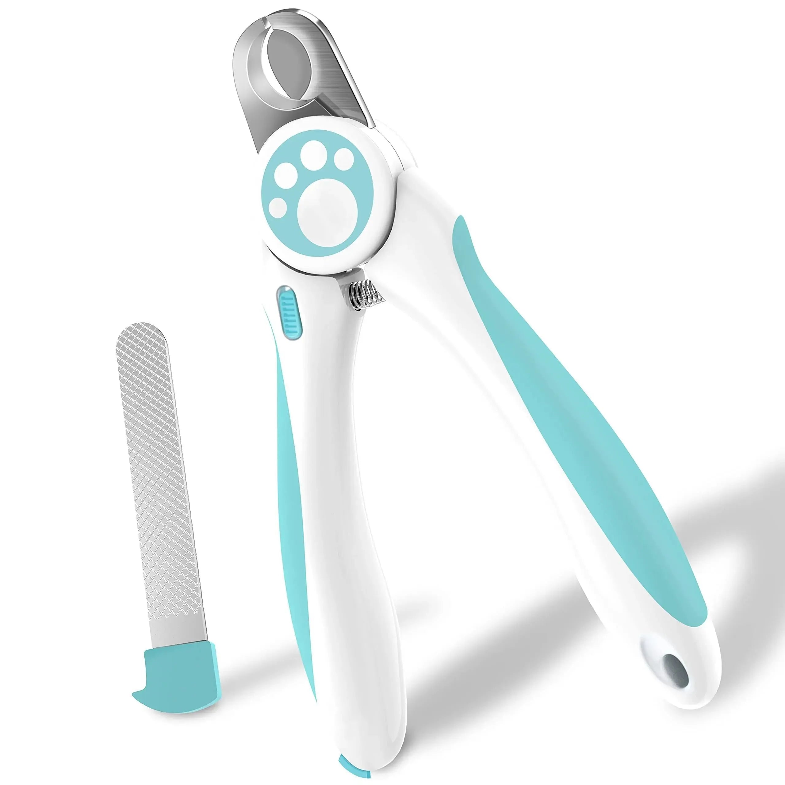 Blue and white pet nail clippers with stainless steel blade and safety lock