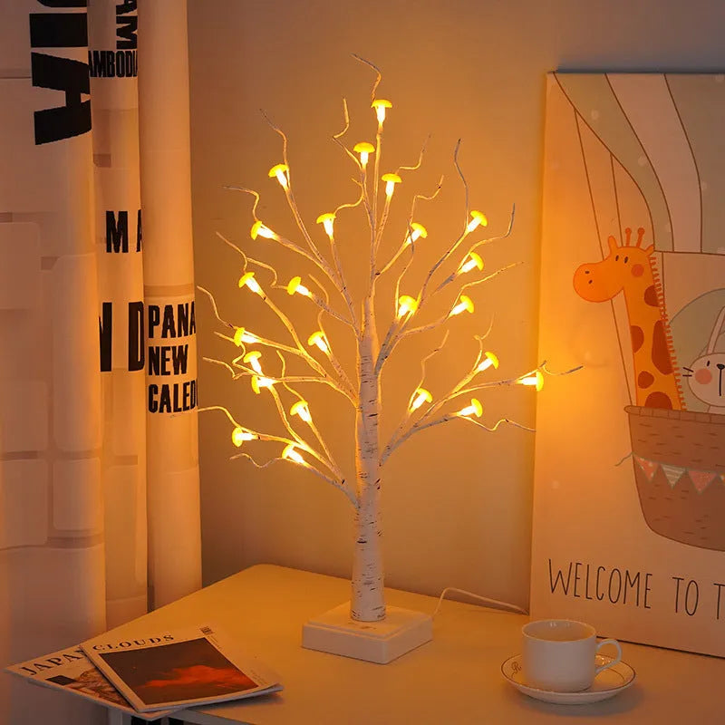 60cm tall mushroom tree lamp with 24 detachable LED flowers, birch design, and dual power options