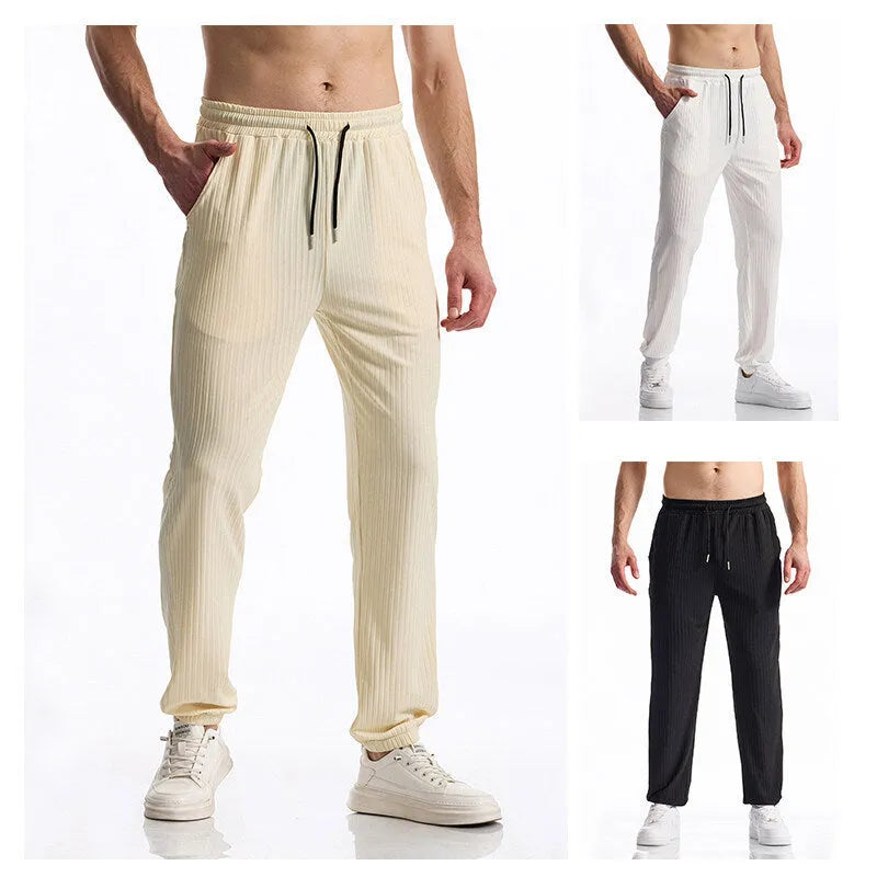 Silky rib fabric casual pants in baggy straight-leg style with elastic waistband