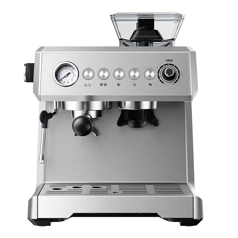 Silver gray fully automatic Italian coffee machine with 2L water tank, 20Bar pump, 200g bean storage, and EU plug.