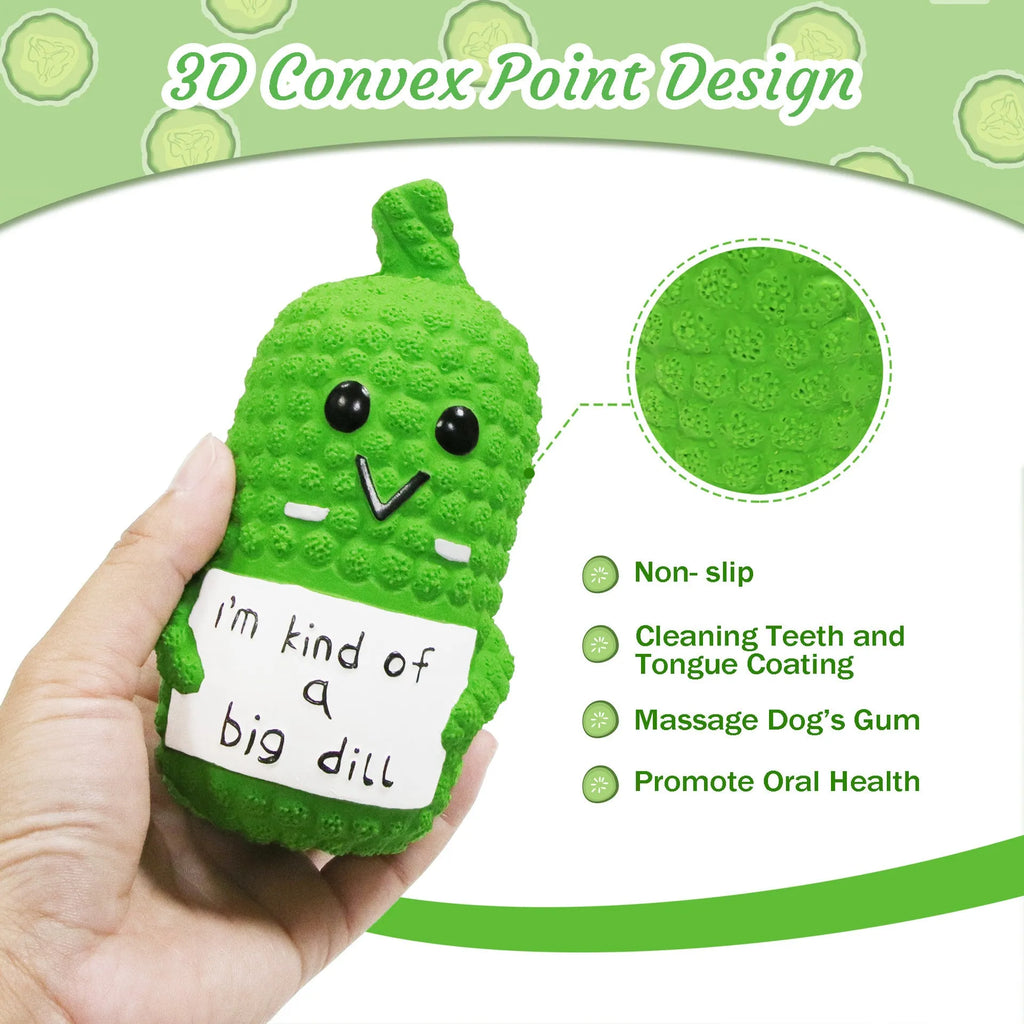 Green pickle-shaped squeaky dog toy with convex nubs for teeth cleaning, made from natural latex