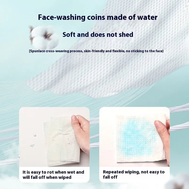 Roll of 100 disposable, soft face cloths with a hanging hook, made from viscose and polyester.