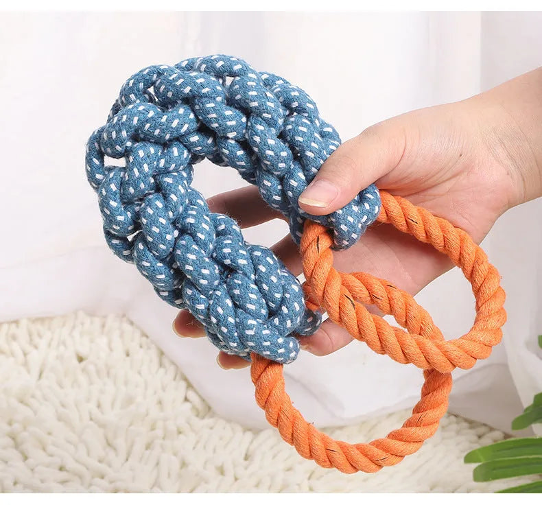 Blue double-ring braided bone dog chew toy made from cotton cord for tooth cleaning