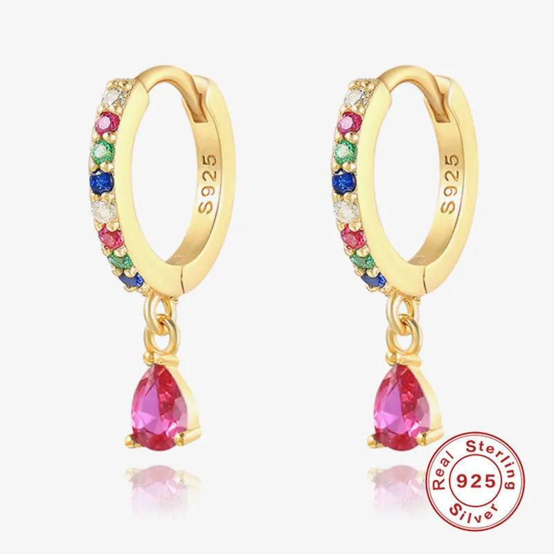 S925 sterling silver water drop earrings with geometric design and crystal accent on gold electroplated finish