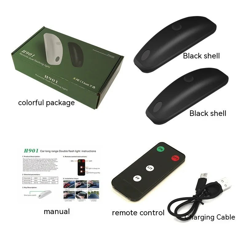 Remote-controlled black car strobe light for anti-collision warning in rain and fog weather.