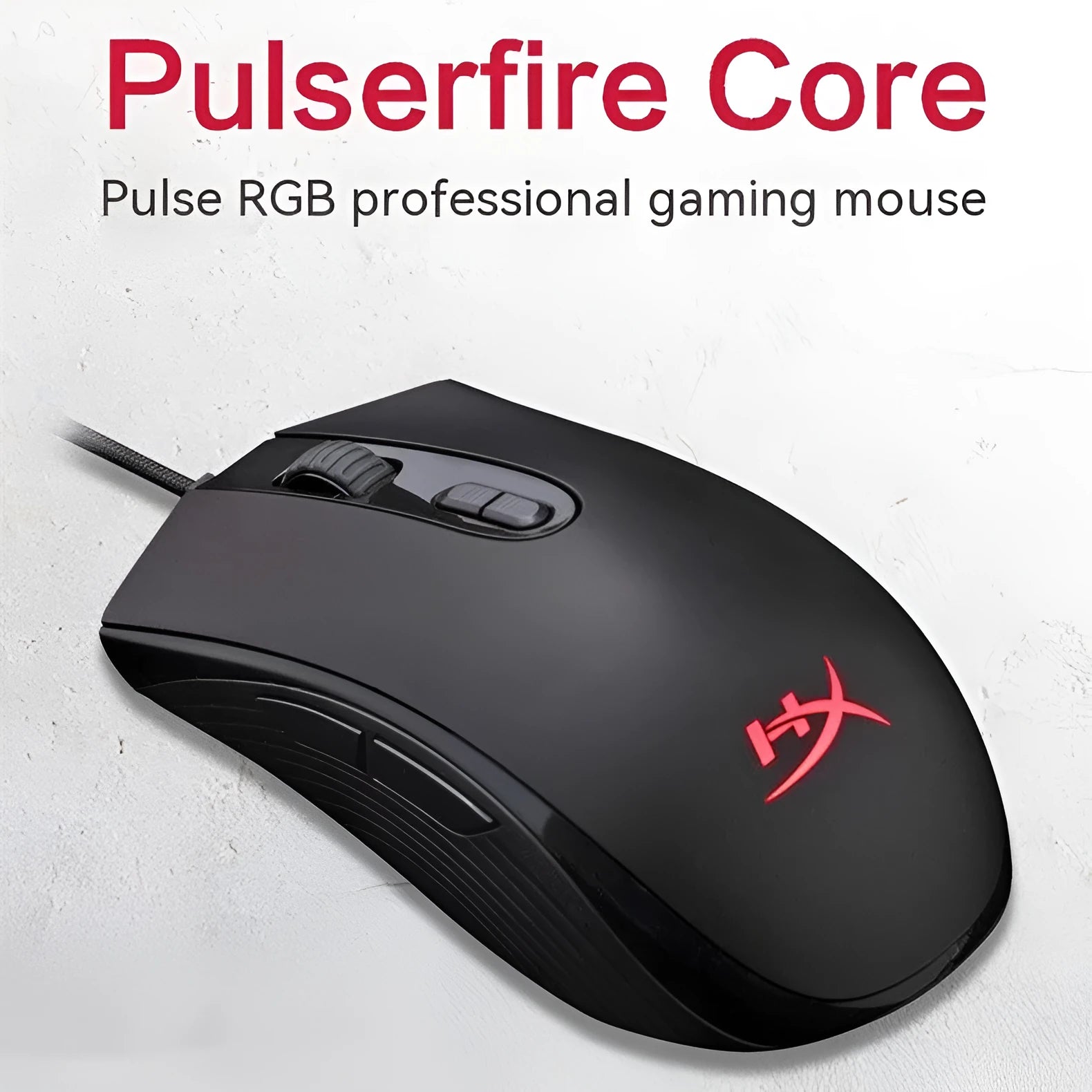 Black and pink versions of a wired RGB gaming mouse with USB cable on a desk.