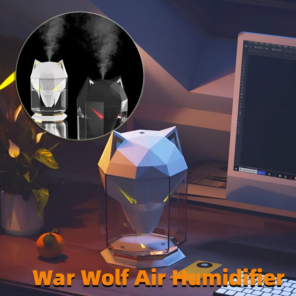 War Wolf ultrasonic air humidifier with colourful LED lights on desktop with USB cable