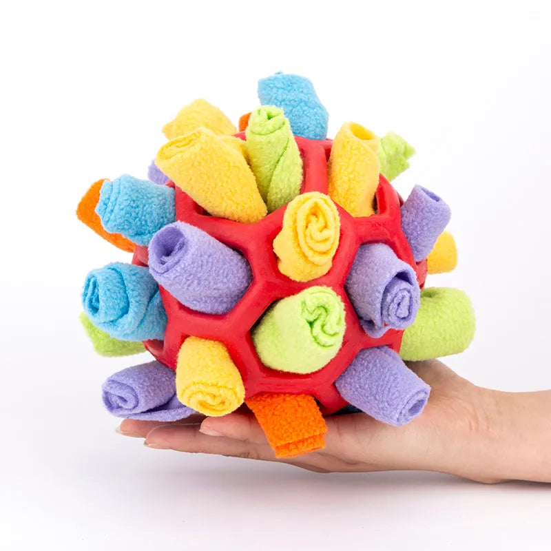 20cm polar fleece dog snuffle ball for nose work, supplied as one ball in a 25 x 25 x 12cm package