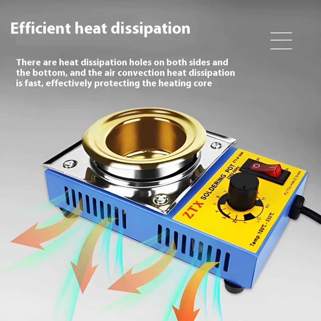 Desktop adjustable temperature tin melting furnace with thermostat control and titanium-plated pot.