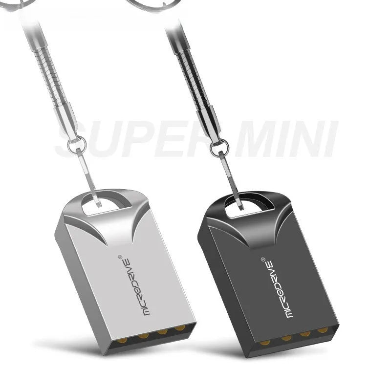 Black and silver mini metal USB drive with compact 23x12x8mm dimensions and high-speed storage up to 128GB