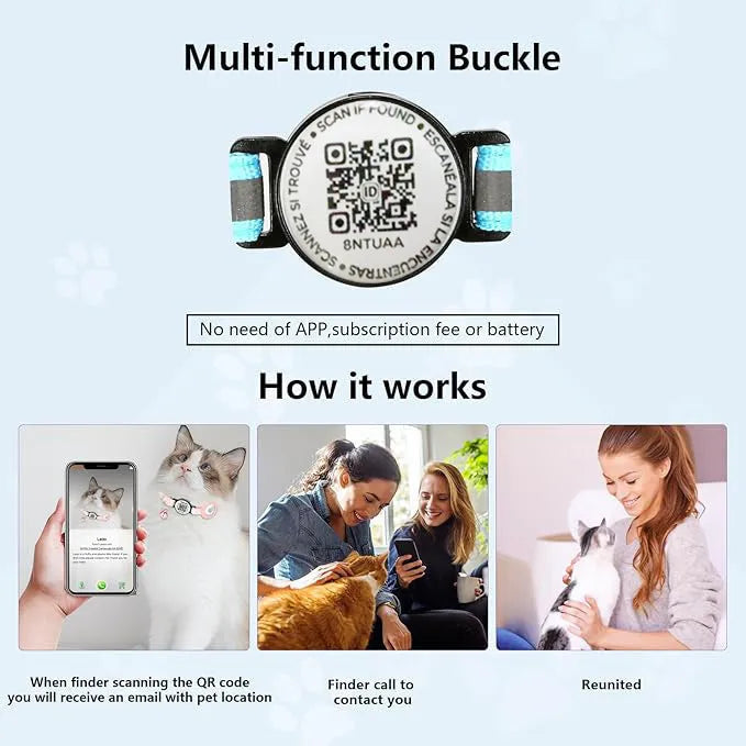 QR code pet collar with silicone AirTag case, reflective stripe or three-line rope, black pink sky blue, 30.48cm