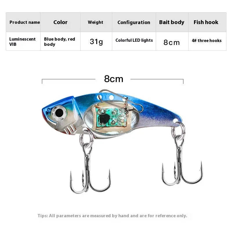 Metal Vib electronic fishing lure with luminous body in blue and red colour options