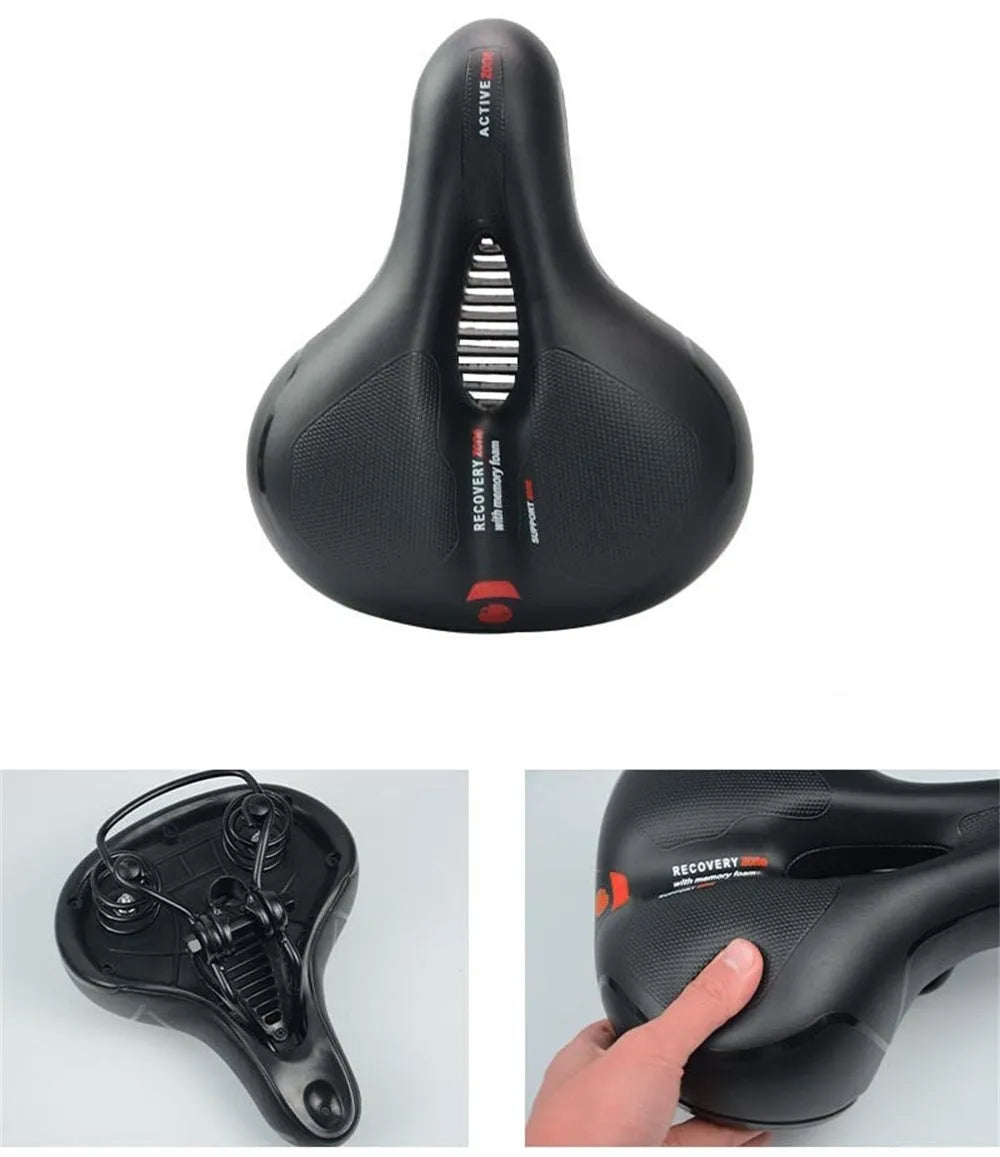 Bicycle cushion with thickened soft silicone saddle, PU leather cover, and spring suspension on a bike seat