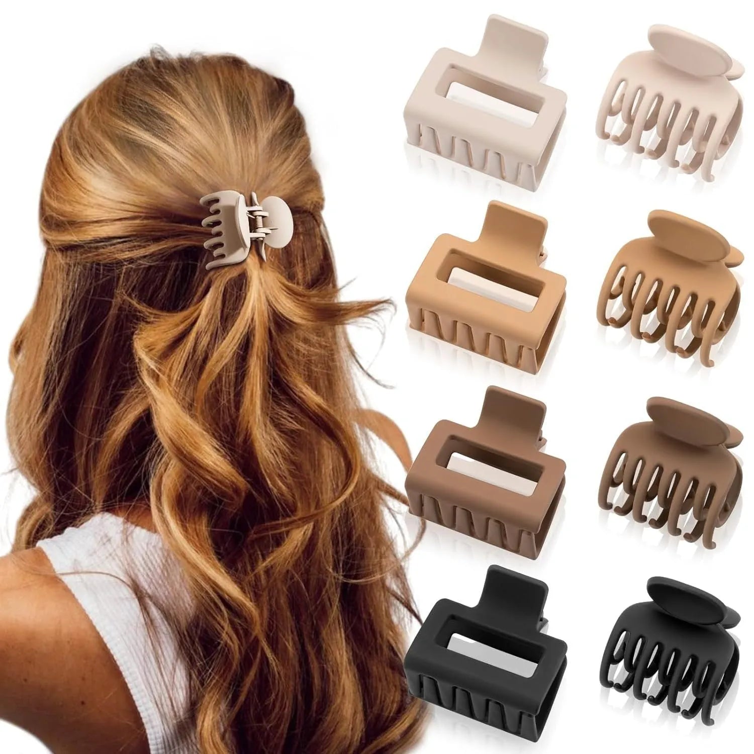Six rose red plastic hair clips with frosted surface and quadrilateral shape arranged on white background