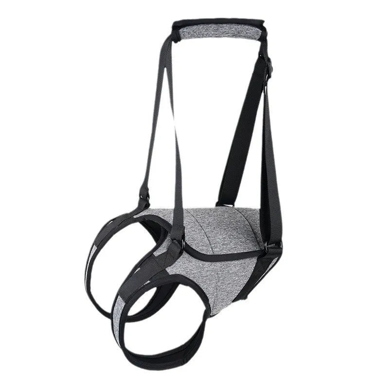 Grey neoprene dog rear leg recovery support belt showing adjustable design for injured dogs