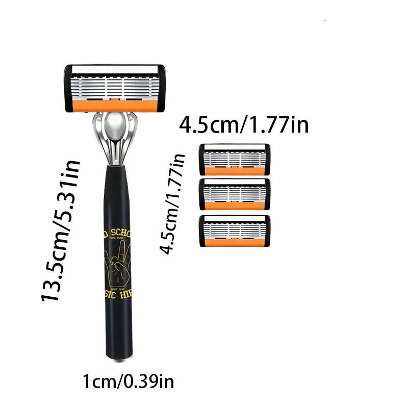 Black manual shaver handle with six-layer blade design and finger grip, showing blade holder and cutter head