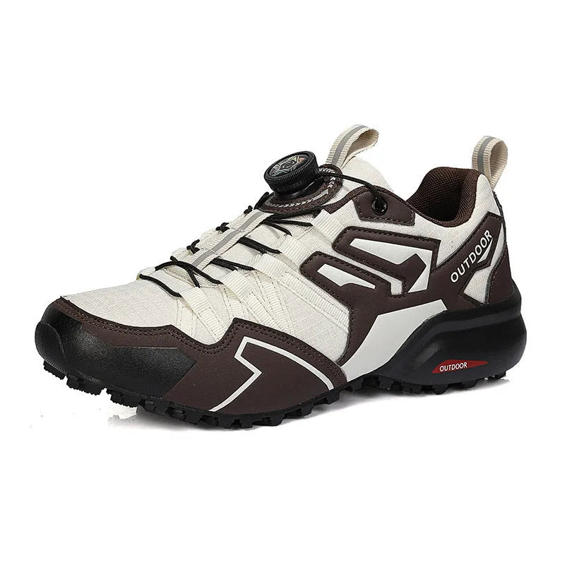 Men's beige outdoor hiking shoes with elastic band and rubber sole for sports and riding.