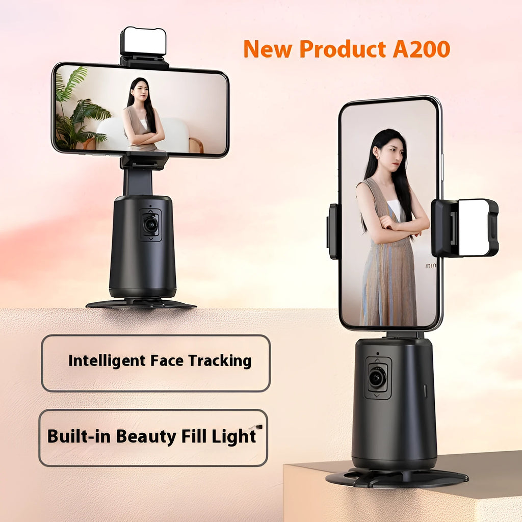 A200 desktop mobile phone bracket with intelligent face tracking and rotating camera head with black ribbon lights