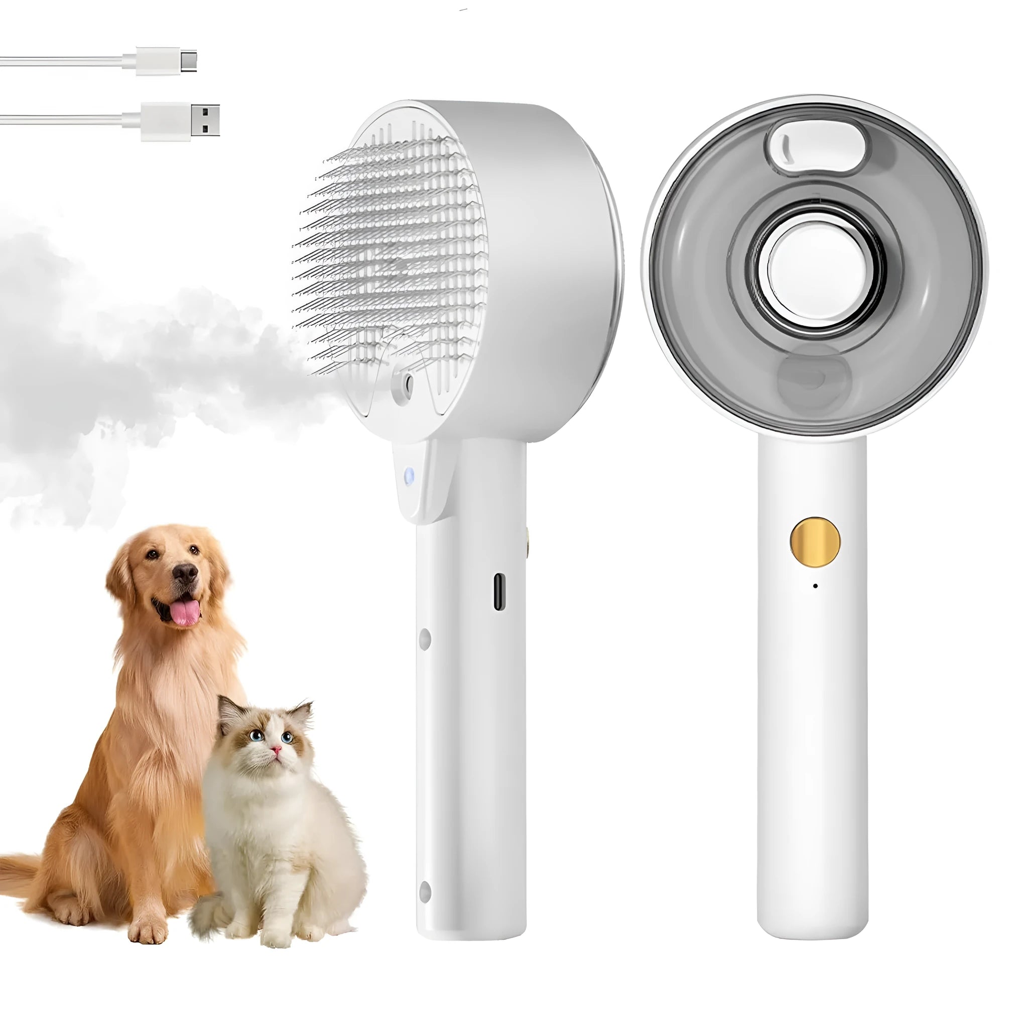 Pink and white cat steam brush with transparent water tank and stainless steel bristles for pet grooming