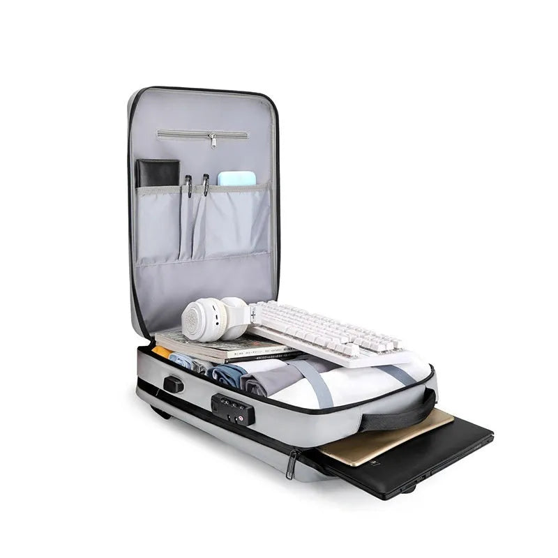 Waterproof business backpack with curved shoulder strap, 20-35L capacity, available in black and silver white colours