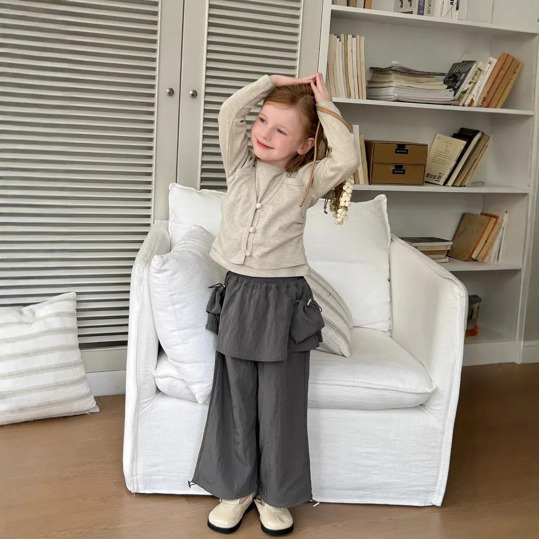 Children's loose casual pants with fart curtain, mid waist, polyester blend, apricot or grey, sizes 90cm to 150cm