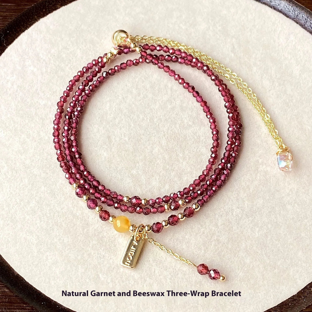 Wine red garnet bracelet with beeswax cut beads that can also be worn as a necklace.