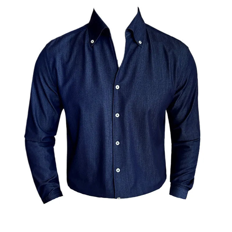 Men's slim fit long-sleeved denim shirt in solid colour on a hanger
