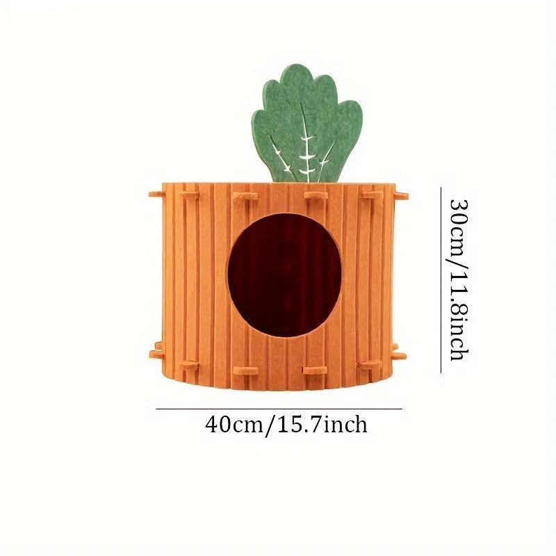 Orange carrot-shaped felt cat nest tunnel with a semi-enclosed opening, shown next to a measuring tape indicating 40cm length.