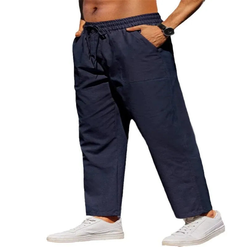 Men's linen straight leg trousers with elastic waistband in apricot colour