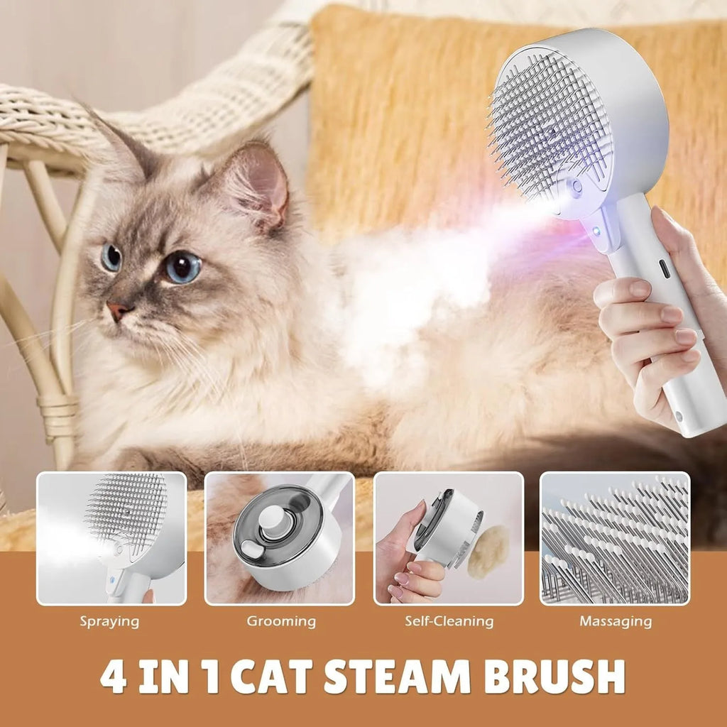 Pink and white cat steam brush with transparent water tank and stainless steel bristles for pet grooming