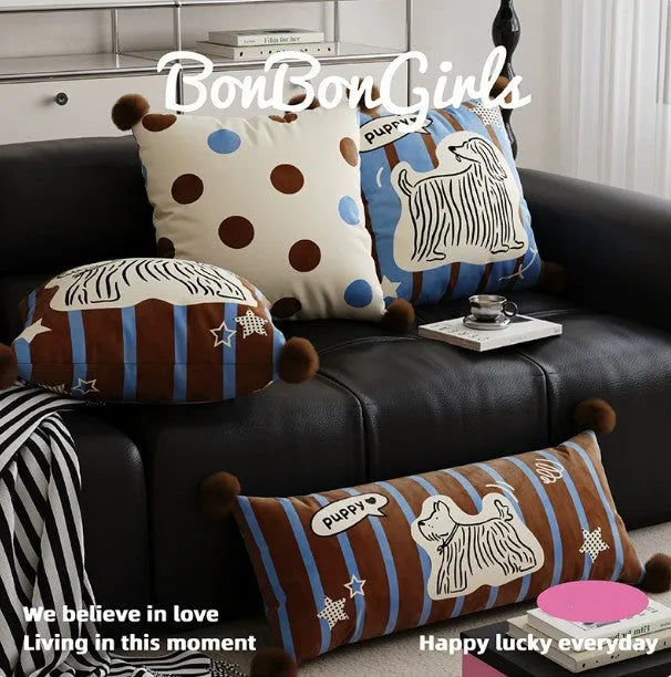 Living room sofa cushion pillow with cartoon anime animal prints in blue, brown, or white, sizes 30x70cm, 45x45cm, 60x60cm
