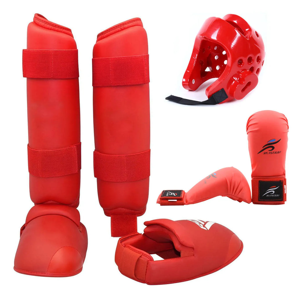 Red and blue martial arts protective gear set showing leg guards, boxing gloves, and a helmet for taekwondo and karate.