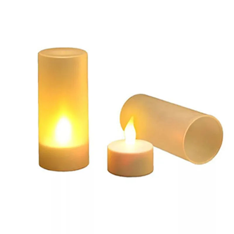 White plastic USB rechargeable LED candle lamp with flame-shaped head next to plastic cup and USB cable.